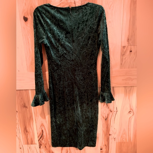 Neiman Marcus Vintage Dark Green Embossed Damask Velvet Long Sleeve Dress Size S - Picture 5 of 5